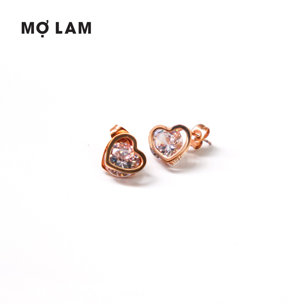 Hoa tai vàng trái tim đính đá | Bông tai trái tim hột xoàn | Trang sức Titan Mợ Lam - Titanium Heart Stud Earrings