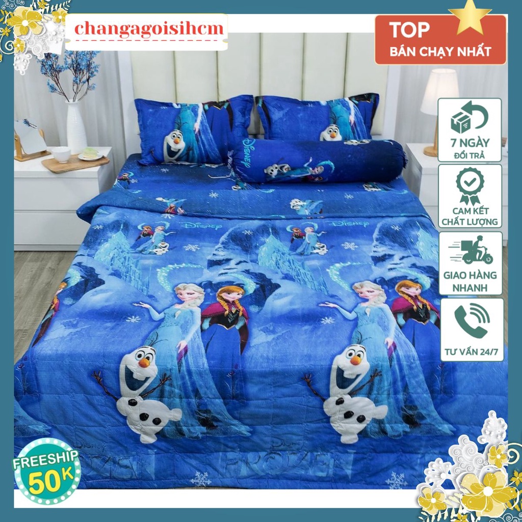 Bộ ga gối 1m6/1m8/2mx2m2,set 3 món vải cotton poly-changagoisihcm-MẪU CÔNG CHÚA ELSA