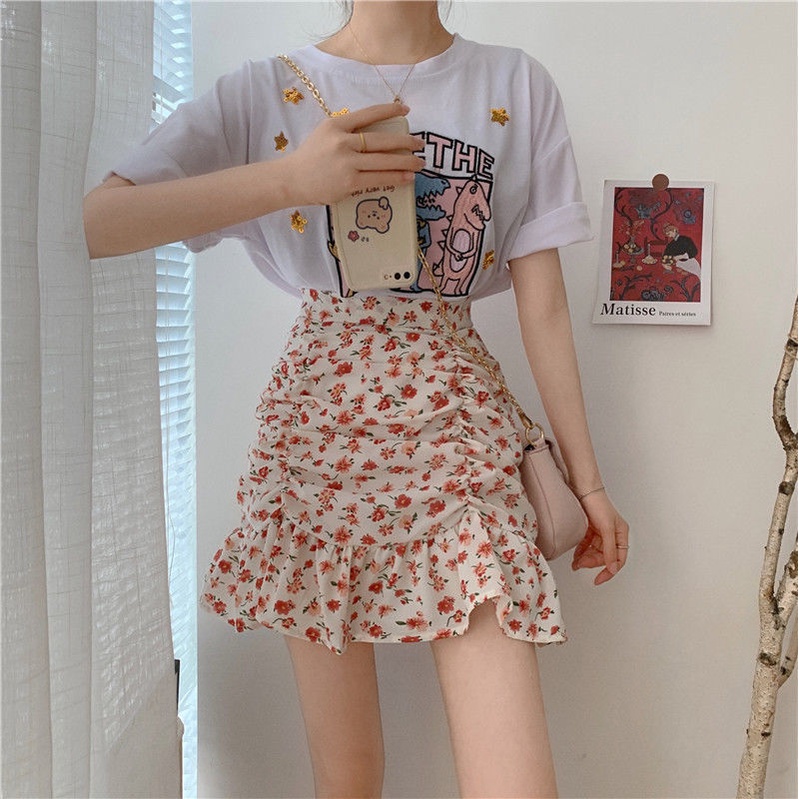 Chân Váy Chữ a Lưng Cao Họa Tiết Hoa Xinh Xắn Theo Phong Cách Hàn Quốc