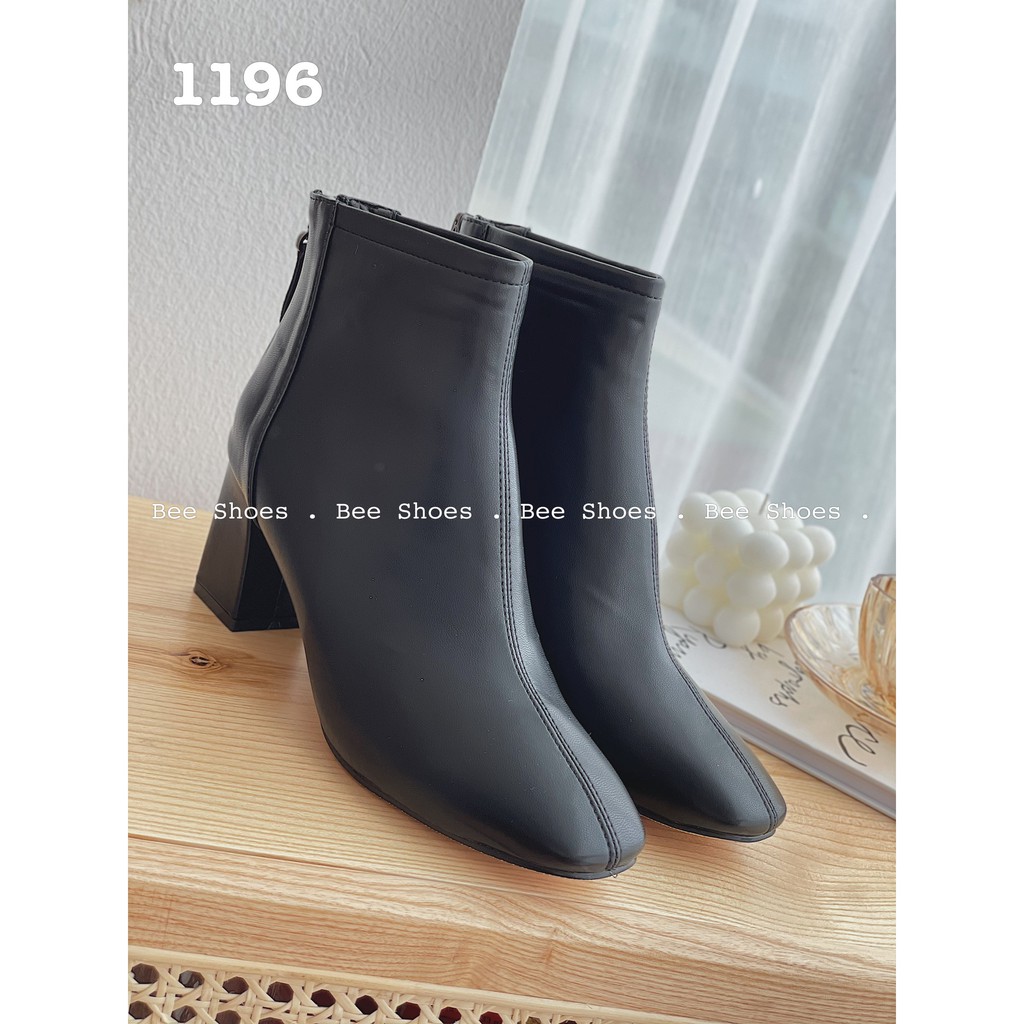 BEESHOES - BOOT NỮ MŨI TRÒN TRƠN CỔ THẤP ĐẾ VUÔNG - BỐT NỮ MŨI TRÒN ĐẾ VUÔNG CAO 7 PHÂN SẴN MÀU ĐEN - KEM - BÒ 201196