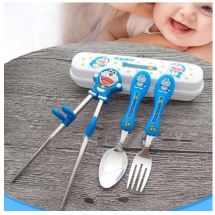 Set tập ăn 3 món  inox kèm hộp đựng cho bé. Do tap an cho be, dung cụ tập bé ăn