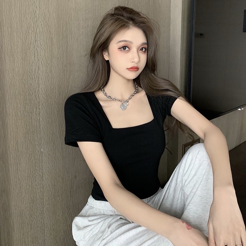 Áo thun croptop nữ FM Style cổ vuông viền chỉ basic trẻ trung năng động dễ phối đồ thời trang 220326003