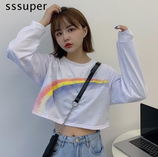 Áo Croptop Tay Dài Hoạ Tiết Cầu Vồng Phong Cách Hàn Quốc