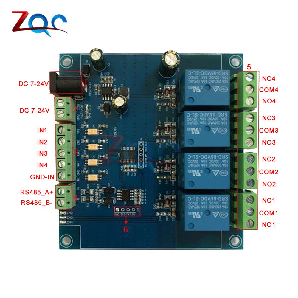 DC 7-24V Modbus-RTU 4 Channel Relay Module RS485 TTL Controller Switch Signal Input Output Anti-reverse Connection for Arduino