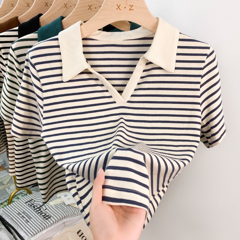 Áo Thun Polo Tay Ngắn Cổ Chữ v Họa Tiết Kẻ Sọc Thời Trang Mùa Hè Hàn Quốc Dành Cho Bạn Nữ 54031