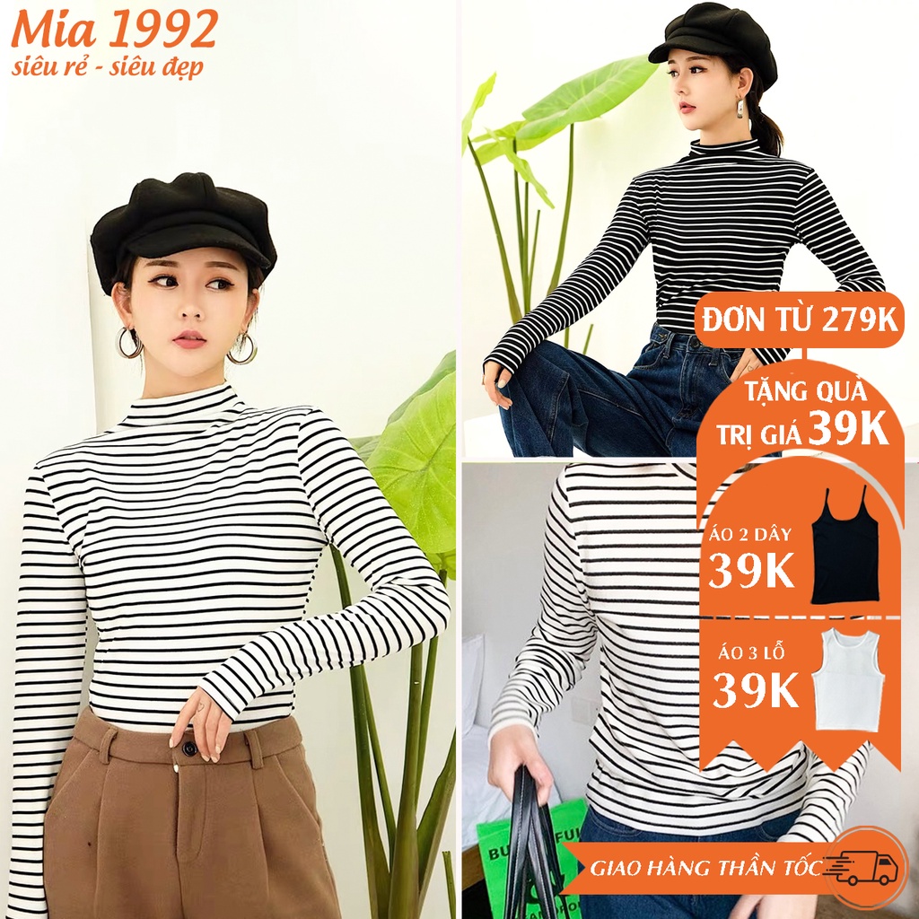Áo giữ nhiệt kẻ ngang MIA 1992 - áo giữ nhiệt nữ len tăm co giãn cổ lọ giữ ấm cho cơ thể 2021