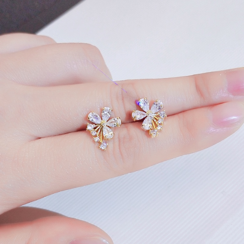 Khuyên tai JIUDUOLAN dạng kẹp/ xỏ kiểu dáng hoa đính đá zircon không gây dị ứng sáng bóng thời trang cho nữ