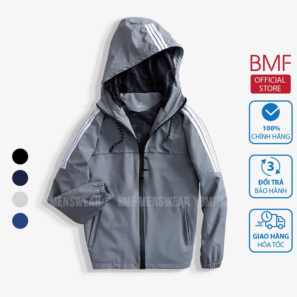 Áo gió nam 3 sọc - Áo khoác dù nam 2 lớp, có mũ, chất gió tráng bạc, chống mưa, chống gió, ngăn tia UV BMF