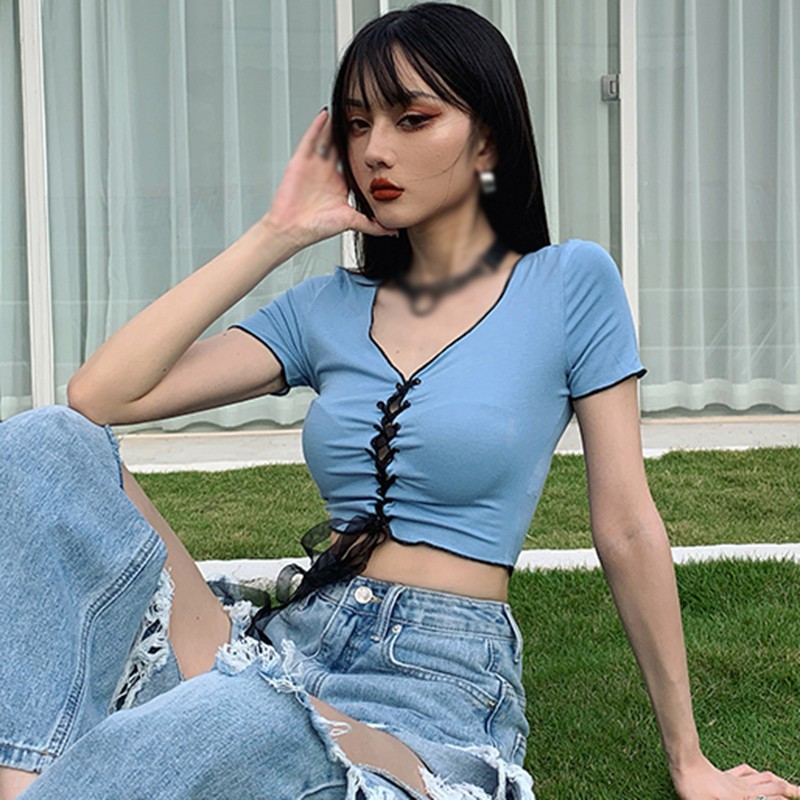 Áo Croptop Tay Ngắn Cổ Chữ V Thiết Kế Dây Rút Quyến Rũ
