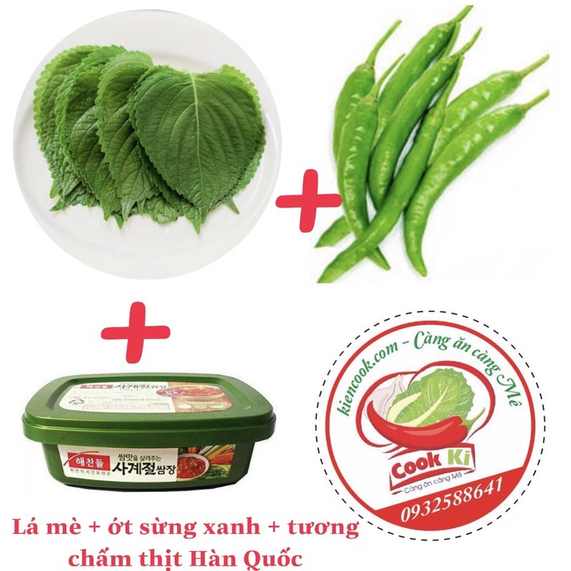 Combo 3 trong 1 bao gồm lá mè tươi + ớt xanh +tương chấm thịt