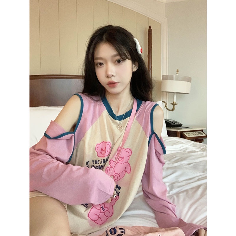 Jiashucheng Áo Thun Dáng Dài Vừa Phải Màu Tương Phản Hở Vai Phong Cách Mới Mùa Hè Cho Nữ @