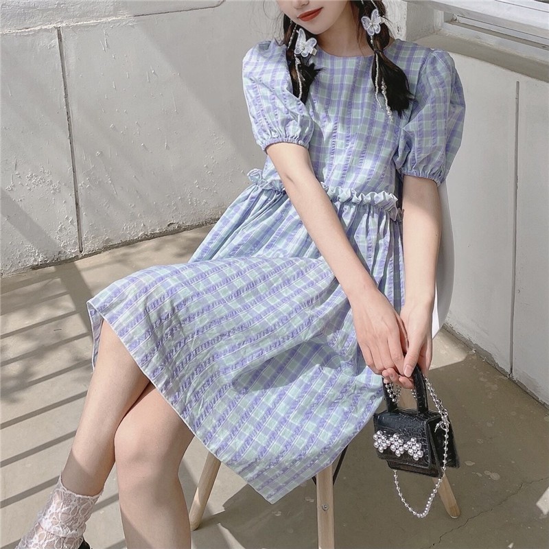 ORDER Váy babydoll kẻ caro tay phồng búp bê Nhật bản dáng ngắn mùa hè