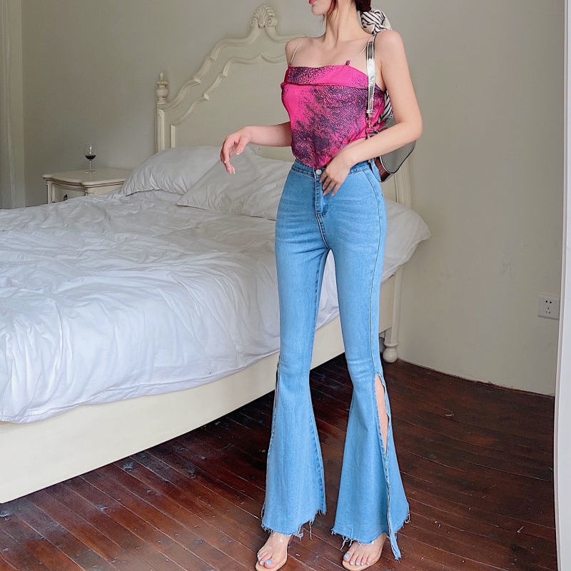 Jiashucheng Hyuna Quần Jean Dài Ống Loe Xẻ Tà Cạp Cao Ôm Dáng Phong Cách Mùa Xuân Mới Cho Nữ