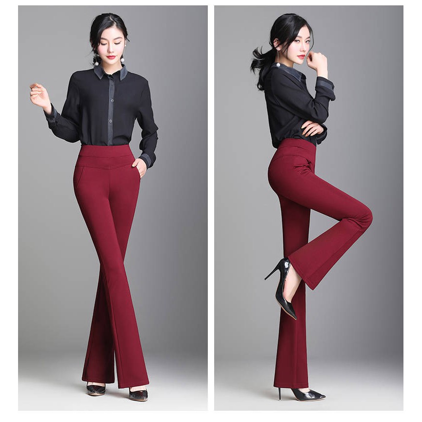 READY STOCK Women Wide Leg Pants High Waist Large Size Stretch Pcoket Bell Bottom Flared Pants