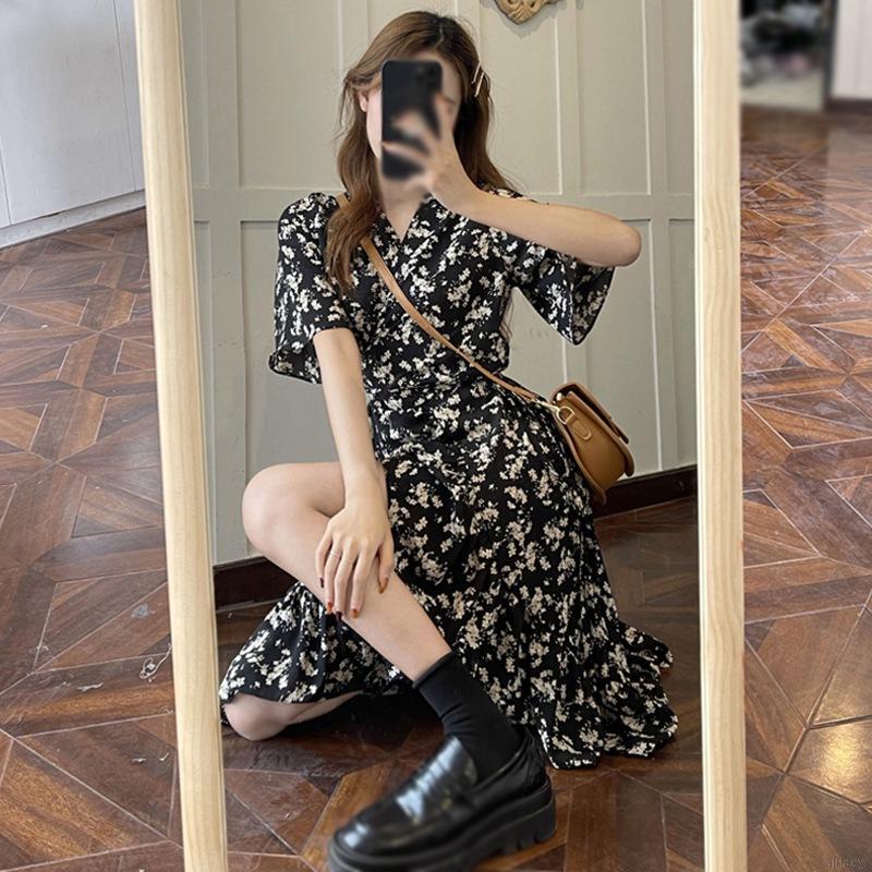 Đầm Hoa Tay Ngắn Cổ V Thoải Mái Thời Trang Cho Nữ