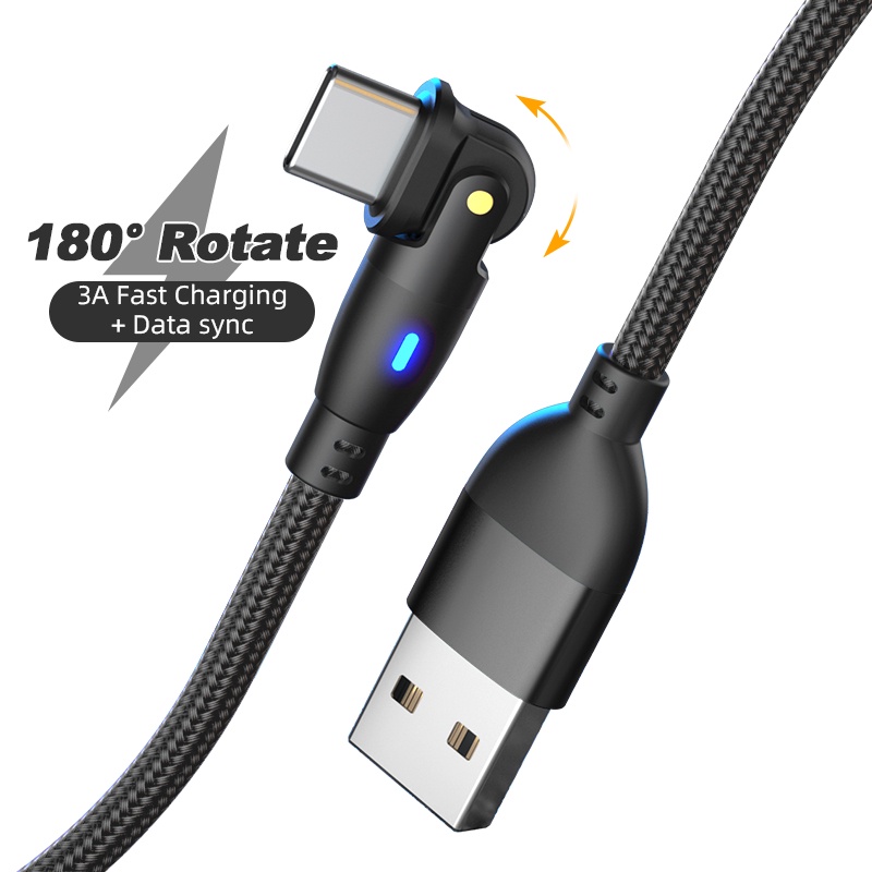 Cáp sạc nhanh AUFU 3A cổng USB Type C xoay 180 độ có đèn led dây bện nylon dài 1m/ 2m tùy chọn màu sắc