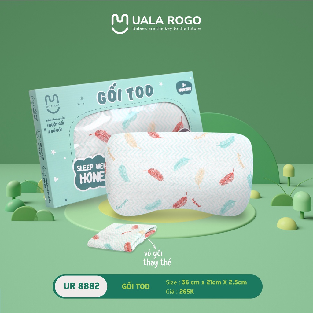 Gối sơ sinh Memory Foam UALA &amp; ROGO TOD, UALA &amp; ROGO RICO, UALA &amp; ROGO TOD PLUS có lõm chống bẹp đầu, tặng kèm vỏ gối