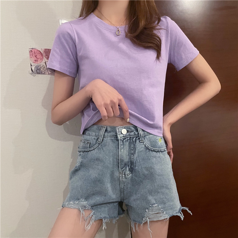 2021 new solid color short-sleeved t-shirt women clothes round summer plus size loose top baju murah