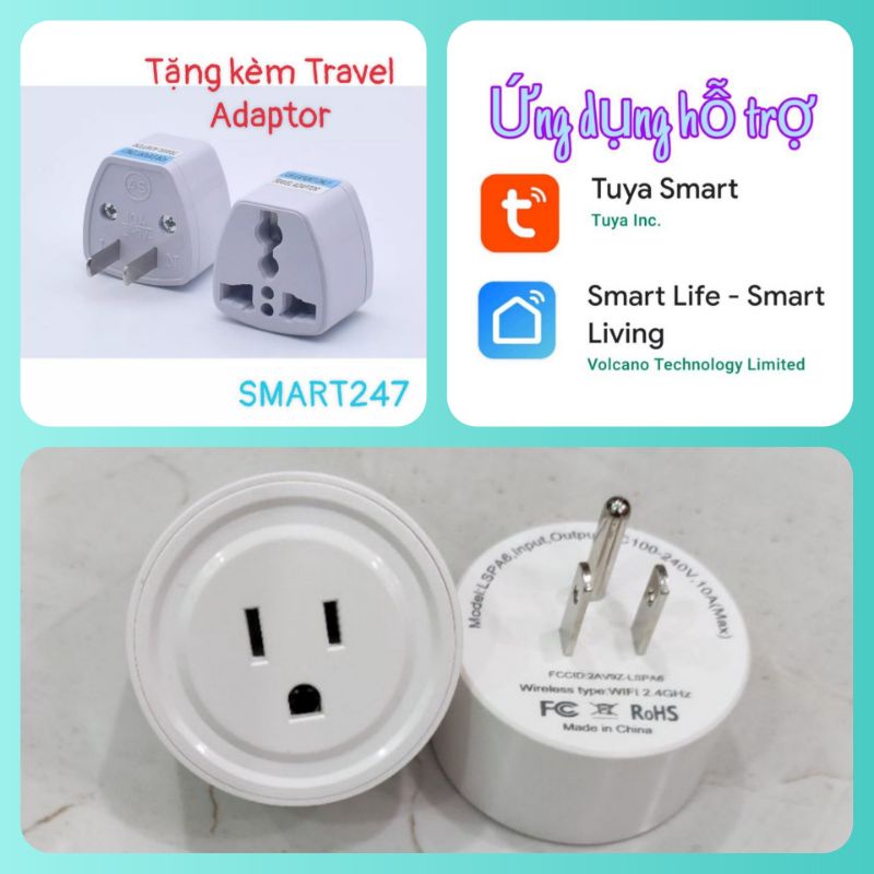 Ổ cắm wifi hẹn giờ bật tắt/App Smartlife/10A 16A US.Tặng kèm Adaptor