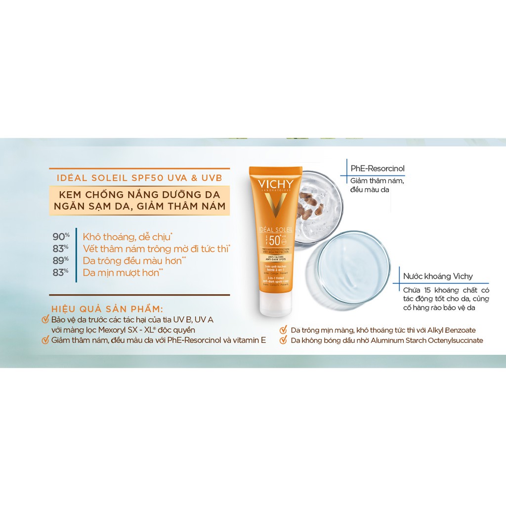 Sample Vichy Chinh Hãng Kem Chống Nắng Giảm Thâm Nám, Có Màu  Vichy Ideal Soleil Anti Darkspot SPF 50 UVA + UVB 3ml