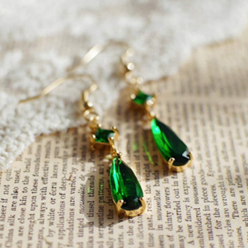 Khuyên tai dáng dài đính đá zircon hình giọt nước màu tím xanh lá sang trọng thời trang cho nữ