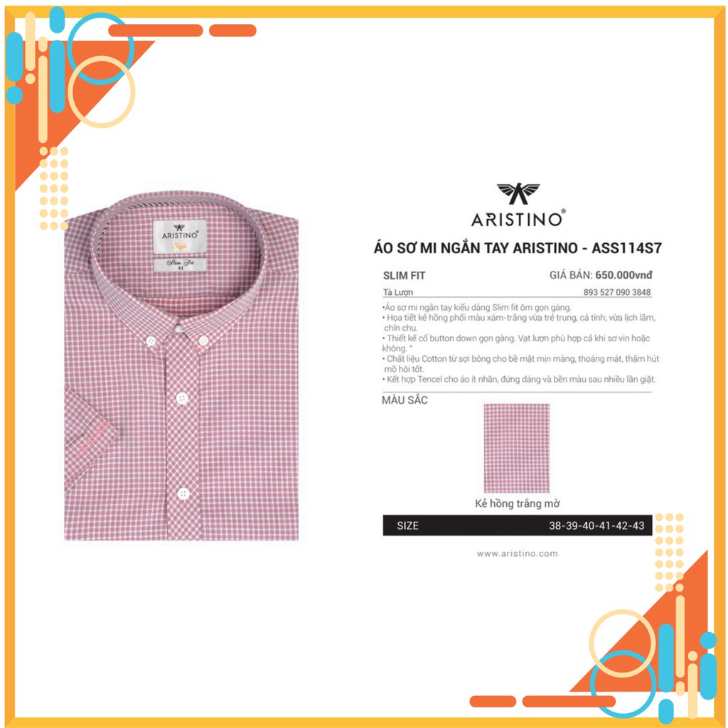 HÈ (giảm sâu 650 còn 430) Sơ mi cộc tay Aristino mã 114 '' __ ~~ 💯 ་ new , ³ . r: " <