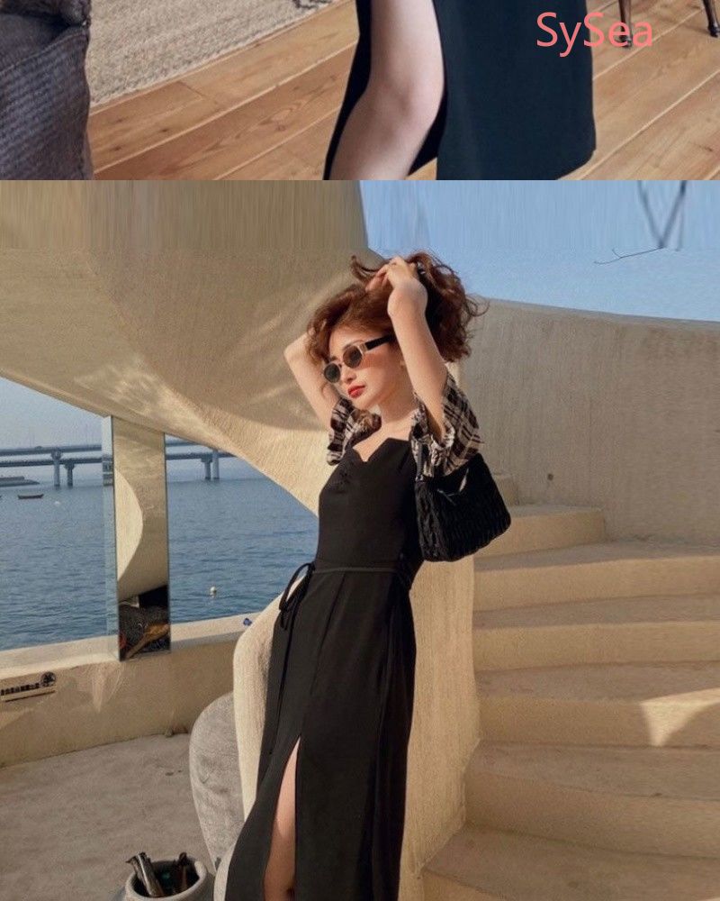 Đầm Tay Ngắn Họa Tiết Sọc Caro Thiết Kế Xẻ Tà Phong Cách Retro