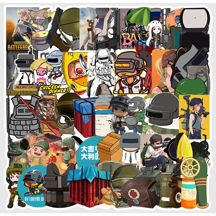 [Set 64 Cái] Bộ Sticker game PUBG dễ thương dán trang trí laptop, mũ nón bảo hiểm, vali, xe tay ga, ván trượt - DB.037