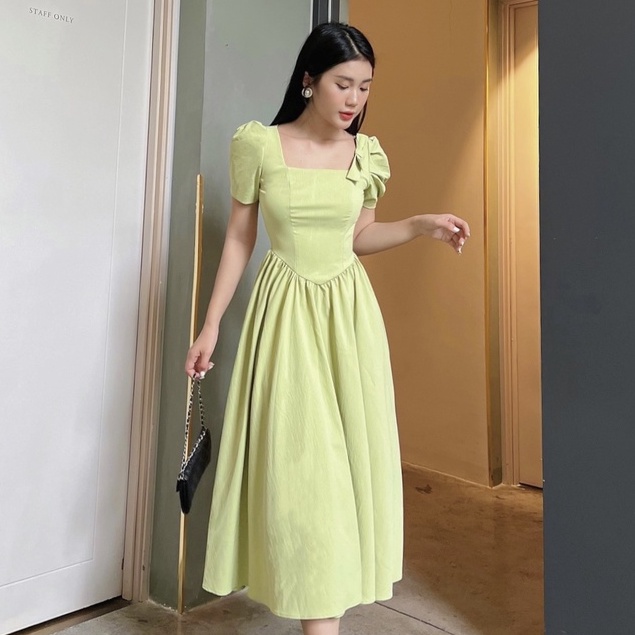 Đầm Đi Tiệc NHẬT VY Cổ Vuông Tay Phồng Đính Nơ Dáng Xoè Chất Linen Gân Màu Cam, Xanh Bơ - D2382