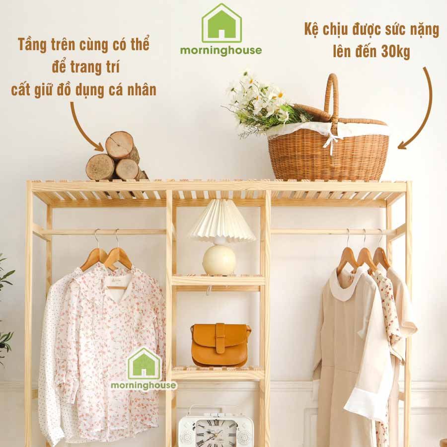 Tủ Treo Quần Áo Gỗ Morning House 135x150 cm. Tủ Quần Áo Gỗ Lắp Ráp Triple Hanger