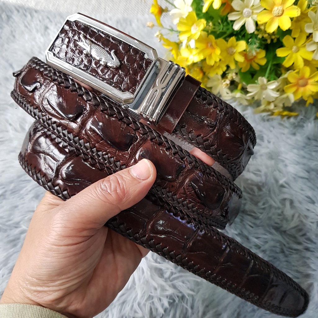 Dây Lưng Da Cá Sấu Đan Viền 3.5 Cm I Dây Lưng Da Cá Sấu Gù Lưng, Liền Nguyên Con Không Nối, Màu Nâu I Bảo Hành 24 Tháng