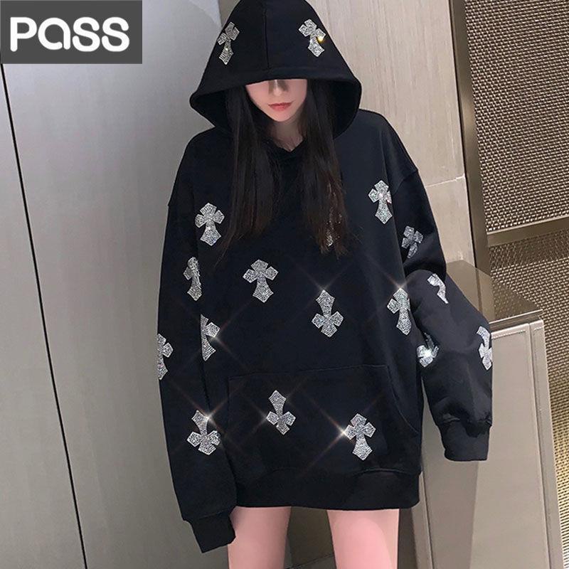 Áo Hoodie Cotton Tay Dài Đính Đá Phong Cách Đường Phố Hàn Quốc Thời Trang Thu Đông Mới 2022