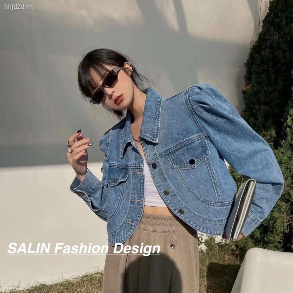 Áo Khoác Denim Ngắn Lưng Tay Phồng Thời Trang Hàn Quốc Cho Nữ