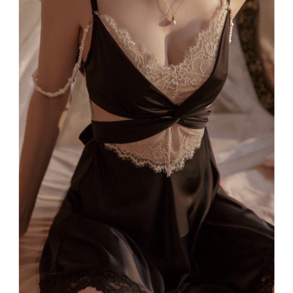 Váy ngủ lua phối ren ngực dây ngọc sexy, gợi cảm - Hàng Quảng Châu hot trend 2022 - Queen.Sexy - VN75