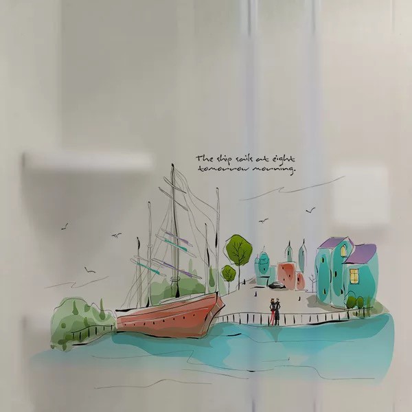 Decal trang trí kính cao cấp mẫu Thuyền lớ và nhà (60cm x 58cm)