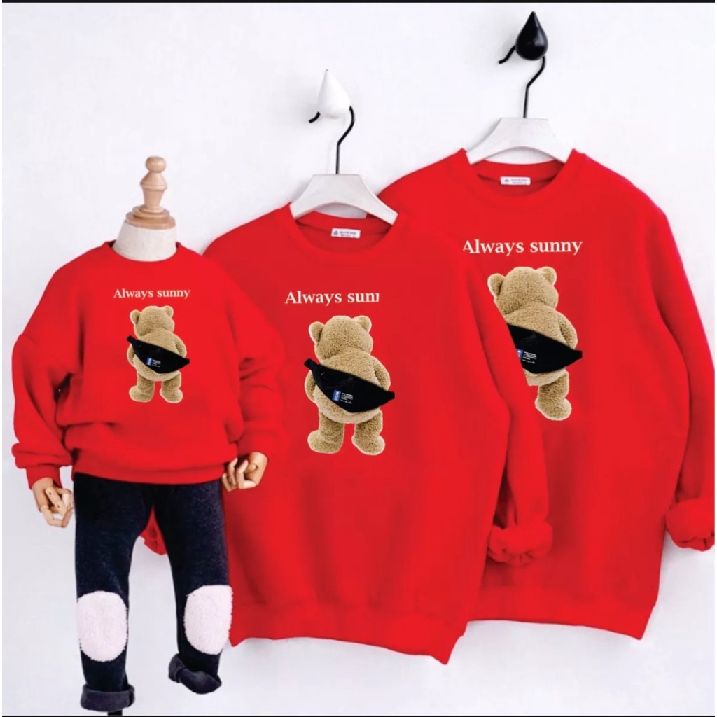 Áo SWEATER GẤU TEDDY thu đông dài tay màu đỏ gia đình 3/4/5 người-áo đôi cặp phom rộng chất đẹp đủ size từ bé 5-90 kí [g