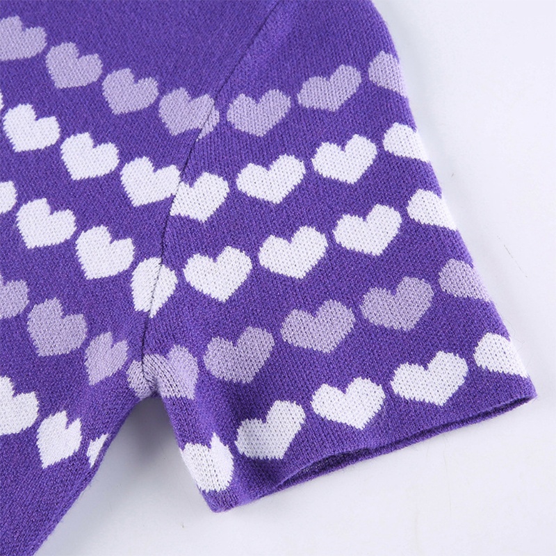 Áo Croptop Dệt Kim Tay Ngắn Cổ Tròn In Họa Tiết Trái Tim Phong Cách Harajuku Thời Trang Mùa Hè Cho Nữ