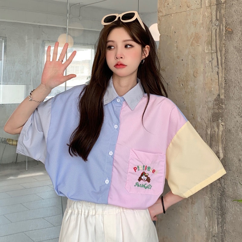 Áo Sơ Mi Tay Ngắn Kẻ Sọc Màu Sắc Tương Phản Phong Cách Hong Kong Thời Trang Mùa Hè Cho Nữ