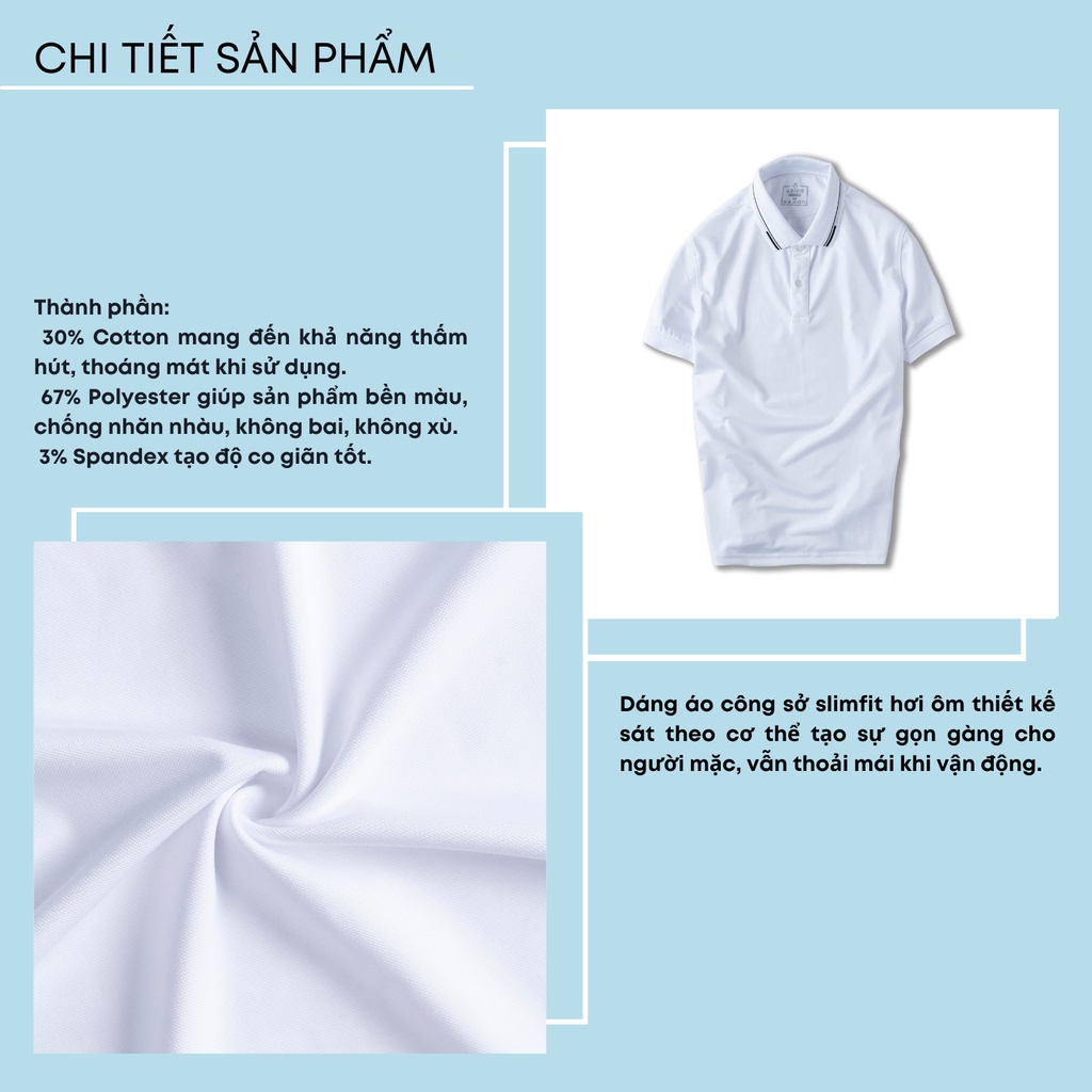 Áo thun nam có cổ màu trắng phối viền ADINO vải polyester cotton không bai xù dáng công sở slimfit hơi ôm trẻ trung AP96