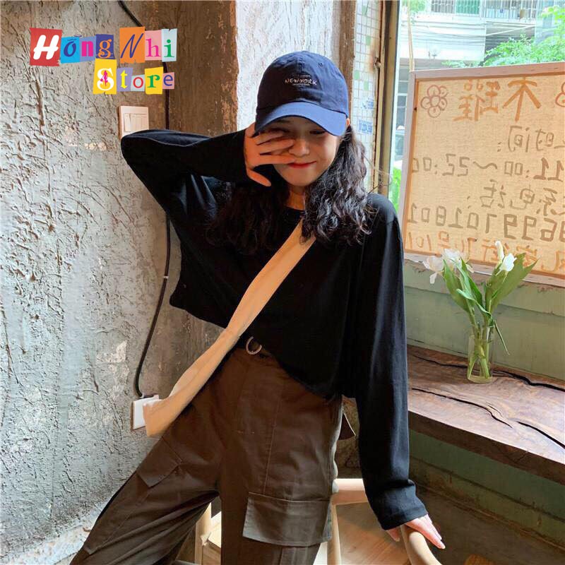 Áo Croptop Trơn Tay Dài Dáng Rộng Màu Đen Long Tee Ulzzang - MM