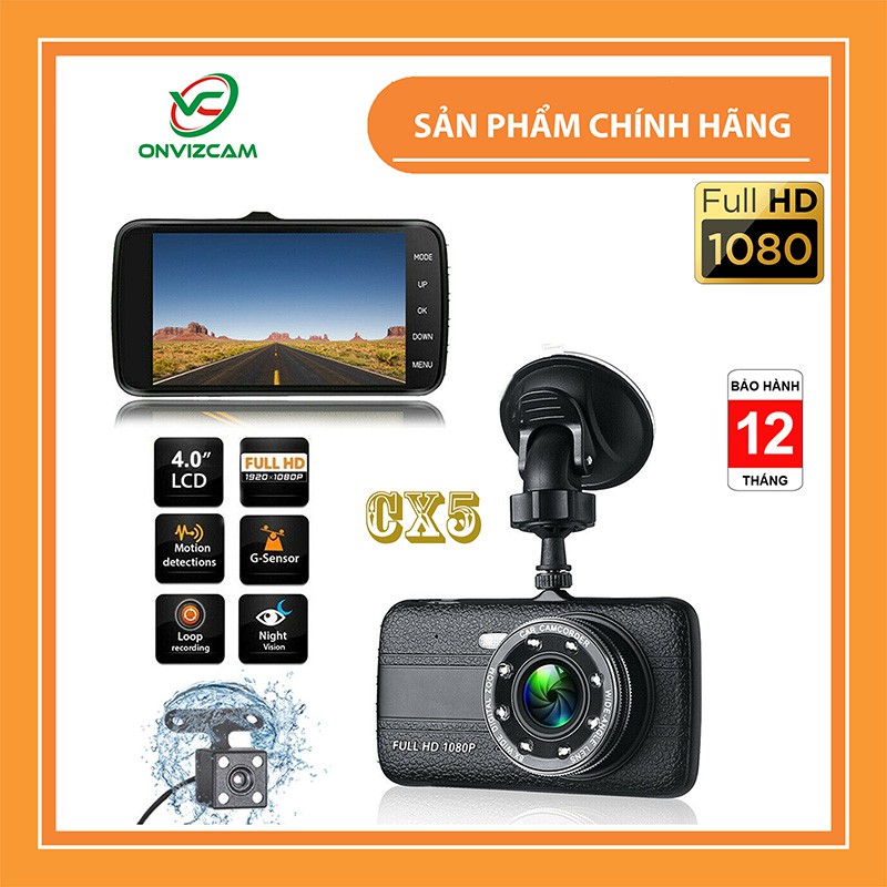 Camera Hành trình ô tô ONVIZCAM CX5 FHD 1080P, camera trước sau, Màn hình 4 INCH IPS, GÓC rộng - Bảo hành 12 Tháng