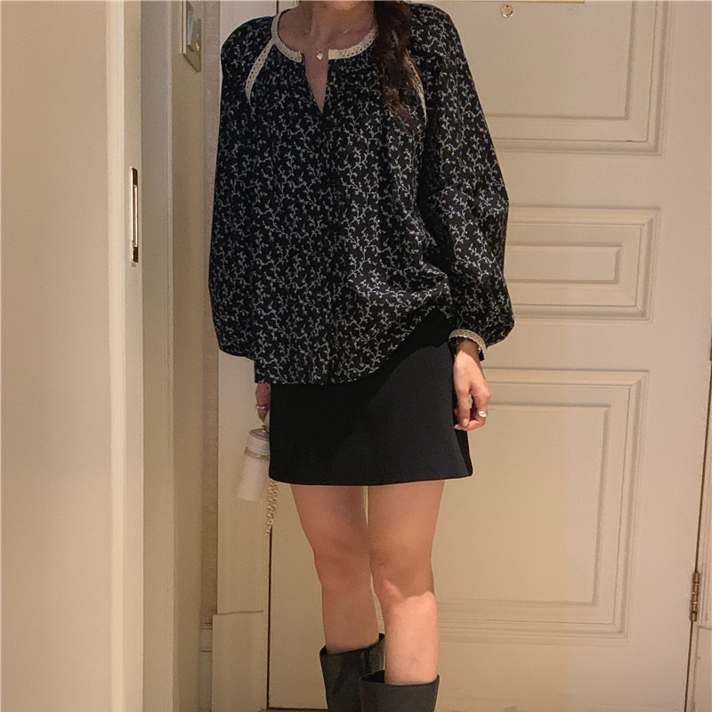 Áo sơ mi SUXI tay dài dáng rộng họa tiết hoa cổ điển phong cách Hàn Quốc thời trang dành cho nữ