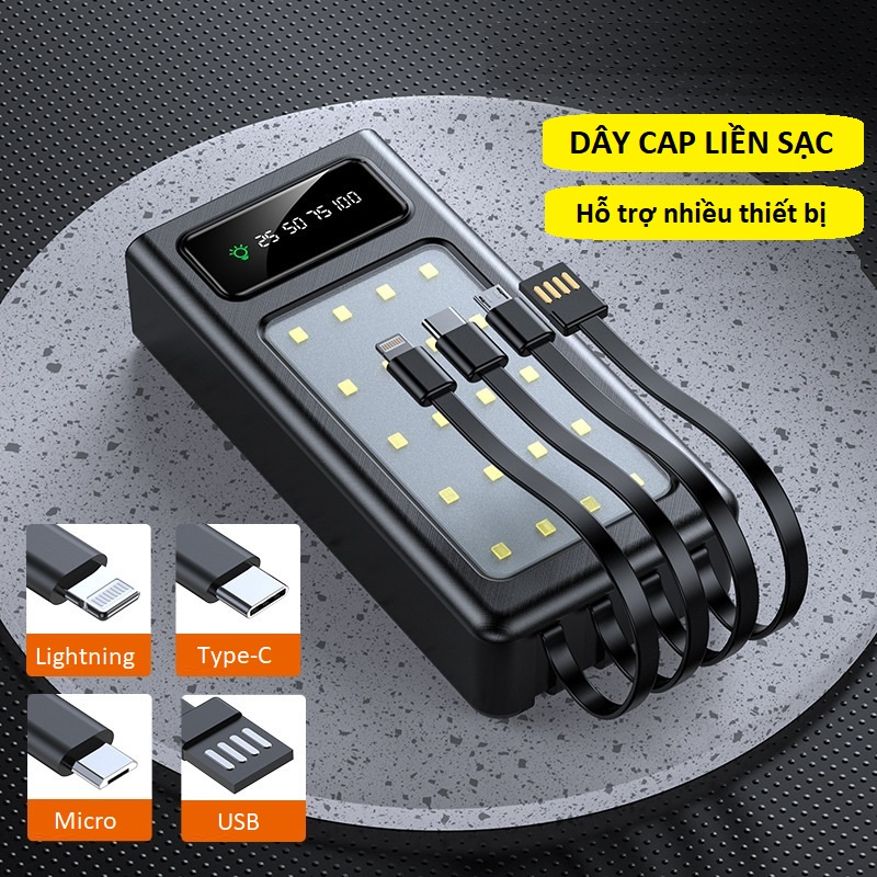 Sạc dự phòng tích hợp đèn pin siêu sáng 20.000mAH, kèm dây sạc gắn liền Micro, TypeC, Lighting