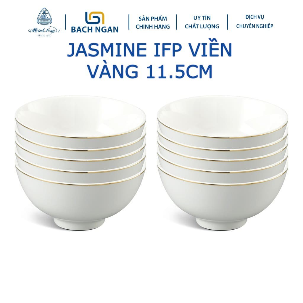 Bộ 10 Chén Ăn Cơm Cao Cấp Minh Long 11.5cm Jasmine IFP Viền Chỉ Vàng, Sứ đẹp sang trọng, tặng quà tết