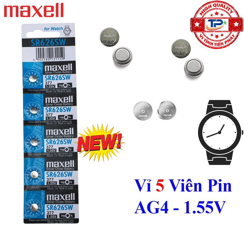 Vỉ 5 viên Pin đồng hồ đeo tay AG4 / LR66 / LR626 / SR626SW /377 Maxell Sliver Oxide battery 1.55V - Pin nút áo