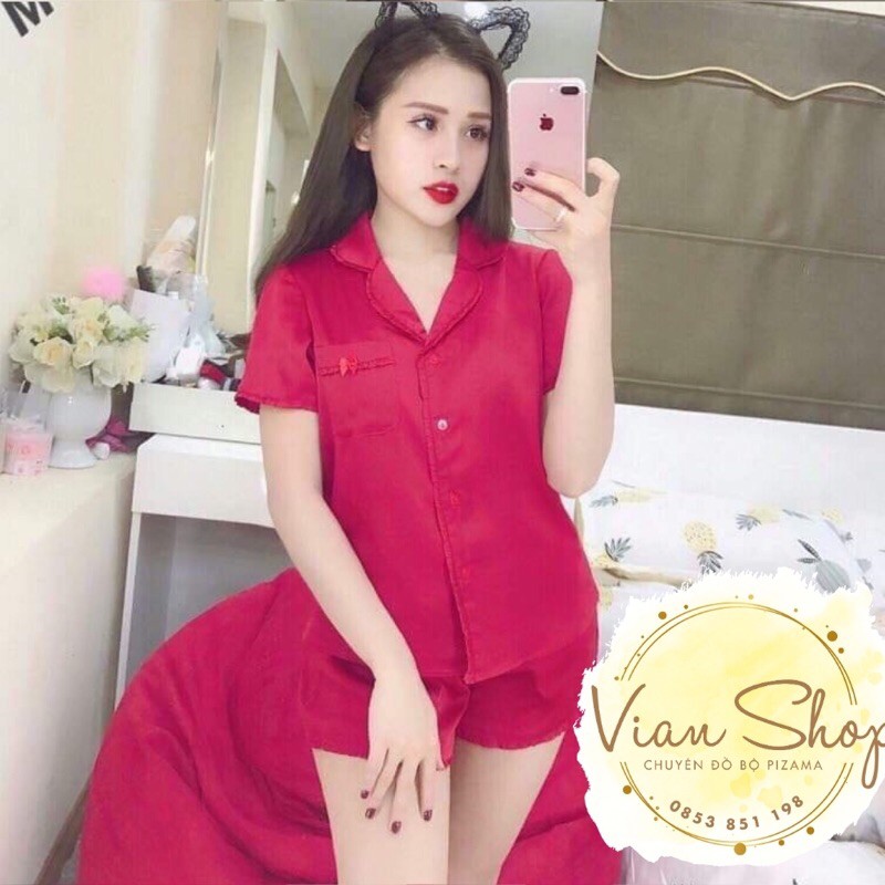 Bộ đồ pijama, Bộ lụa cộc đùi viền bèo chất liệu satin mát lịm