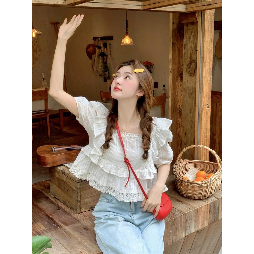 Áo Kiểu Cổ Vuông Tay Ngắn Phối Ren Phong Cách Mới 63225