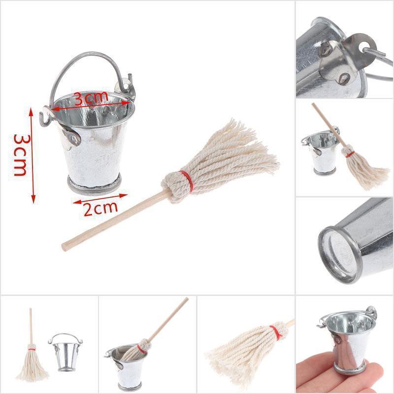 [HoMSI] 2 Pcs/Set Scale 1:12 Dollhouse Kitchen Garden Mop Bucket Creative Toys Gifts SUU