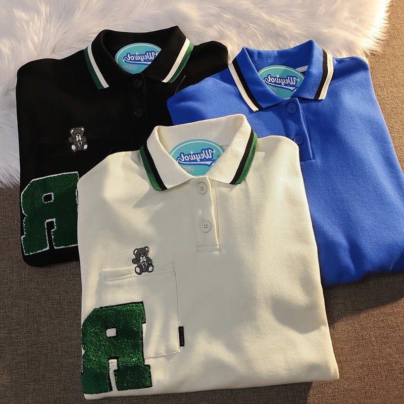 Áo Polo Sweater Nam Nữ Chữ P Cổ Bẻ Viền Tay Bồng Túi Ngực Con Gấu Uzzlang Unisex