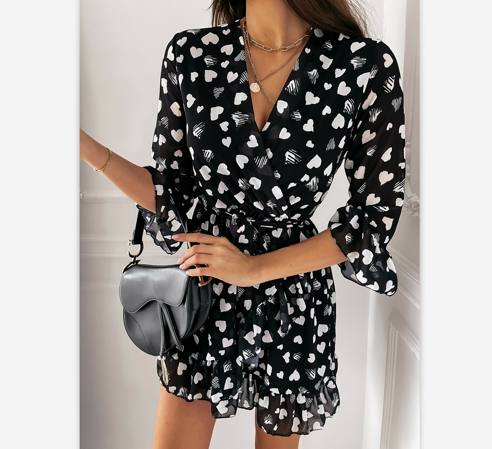 SOO-Women Casual Half Sleeves Dress, Heart Printed Pattern V-neck Ruffled Hem One-piece, Black/ White | BigBuy360 - bigbuy360.vn